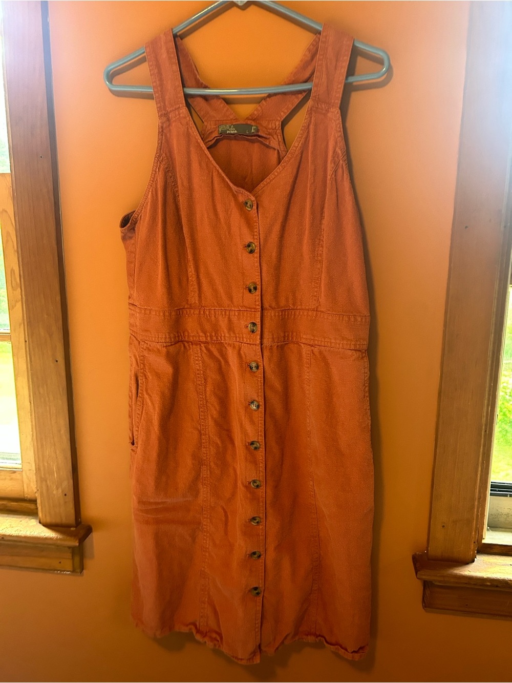 Prana Sleeveless Button-Front Dress in Rust. Organic cotton/hemp blend